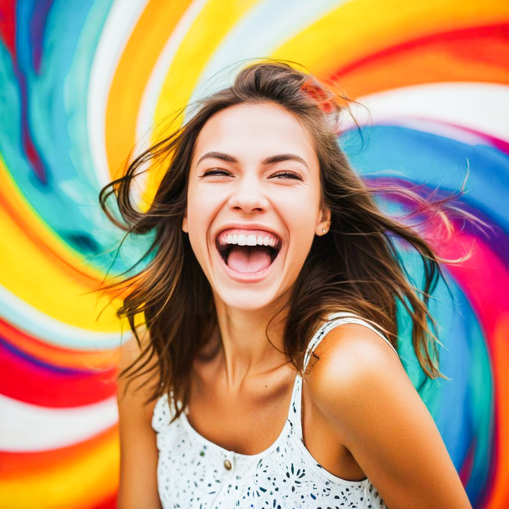 Joyful Woman Laughing in Front of Colorful Mural