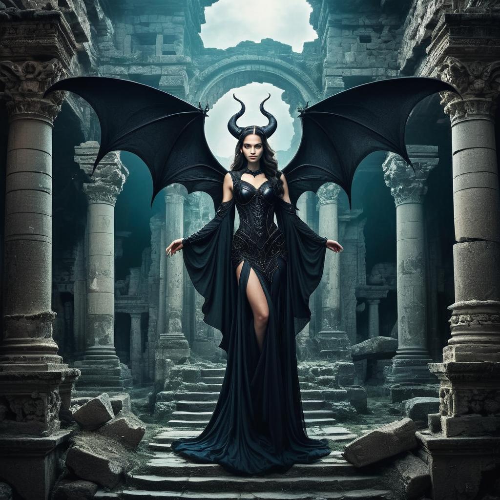 Powerful Woman in Ancient Temple with Black Wings