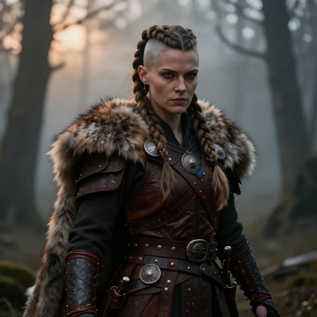 Fierce Woman Warrior in Viking Leather Armor with Fur Cloak