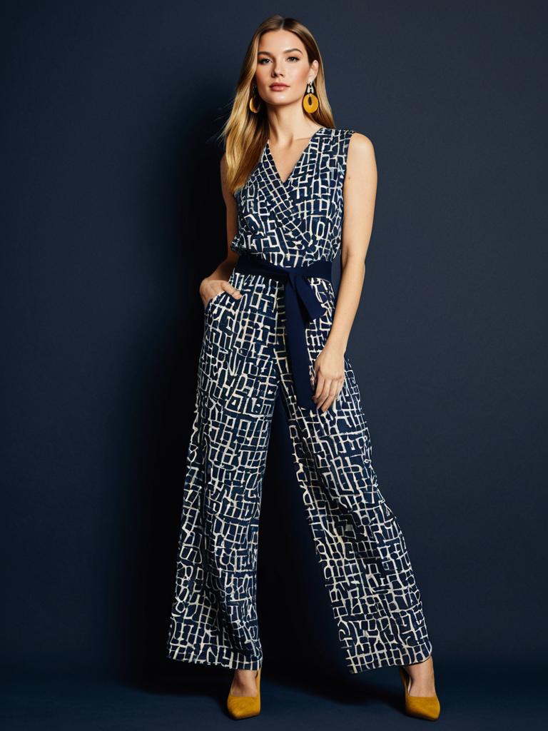 Stylish Woman Wearing Patterned Jumpsuit with Yellow Accessories