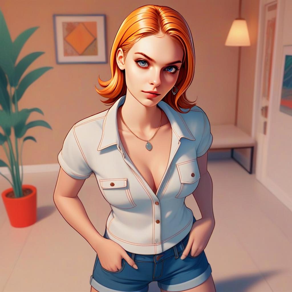 Young woman with blue eyes and red hair in modern room