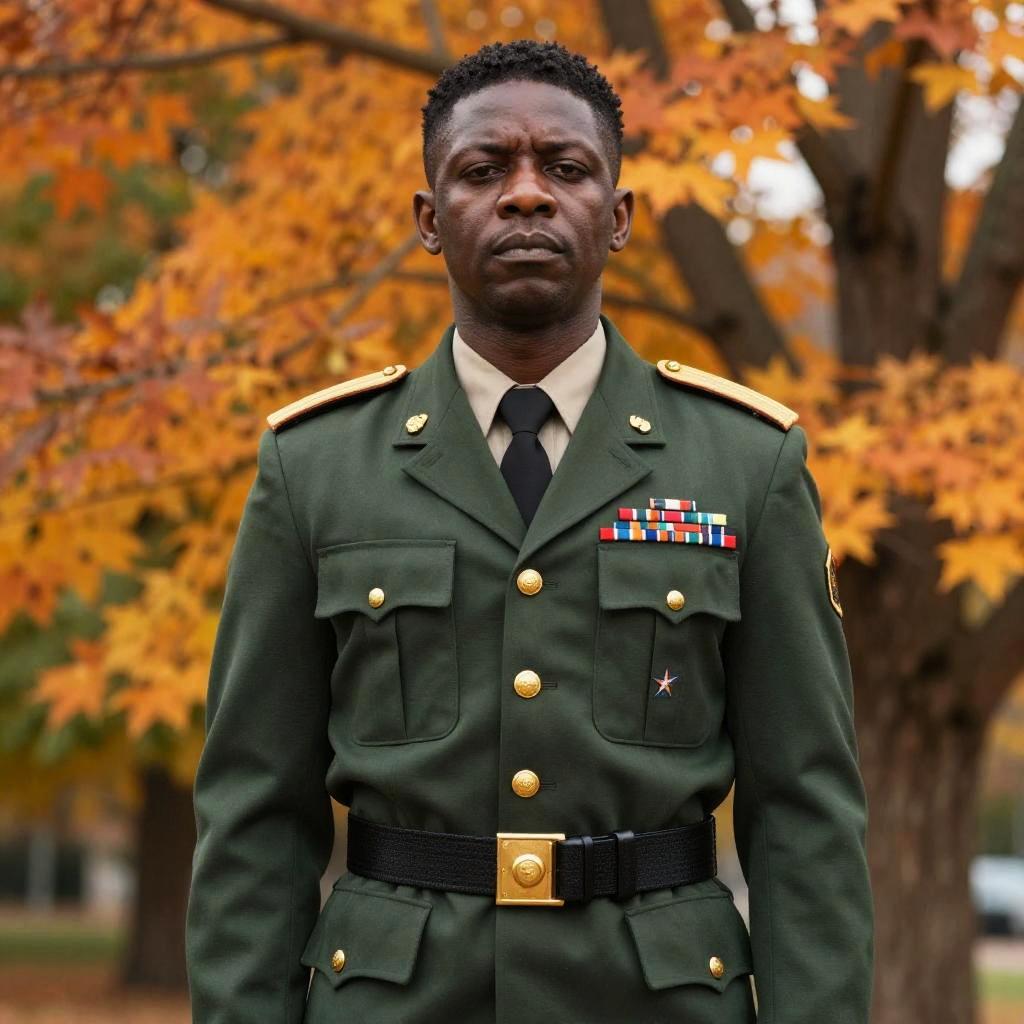 African American Man in Military Uniform with Autumn Background