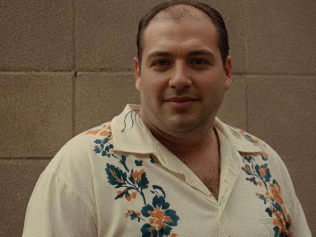 Man in Vintage Floral Shirt with Subdued Expression