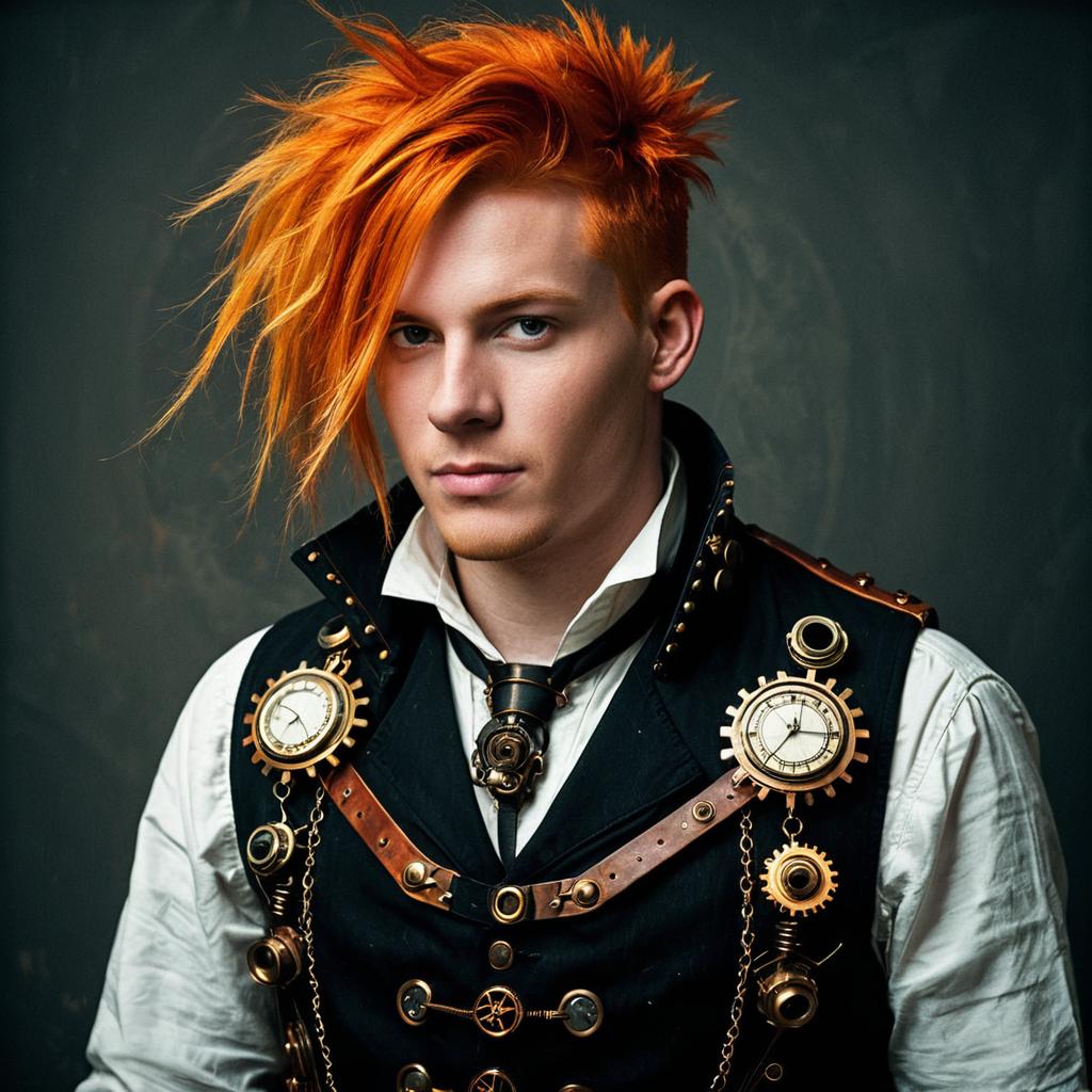 Young Man in Steampunk Outfit with Bright Orange Hair