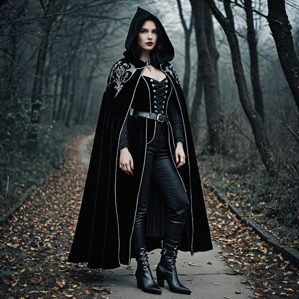 Gothic Woman in Embroidered Velvet Cloak on Forest Path