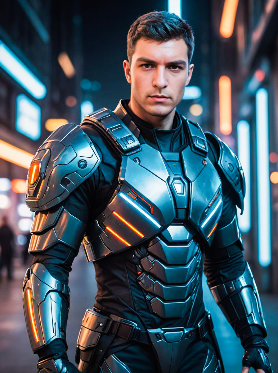 Futuristic Man in Armored Suit with Neon Lights