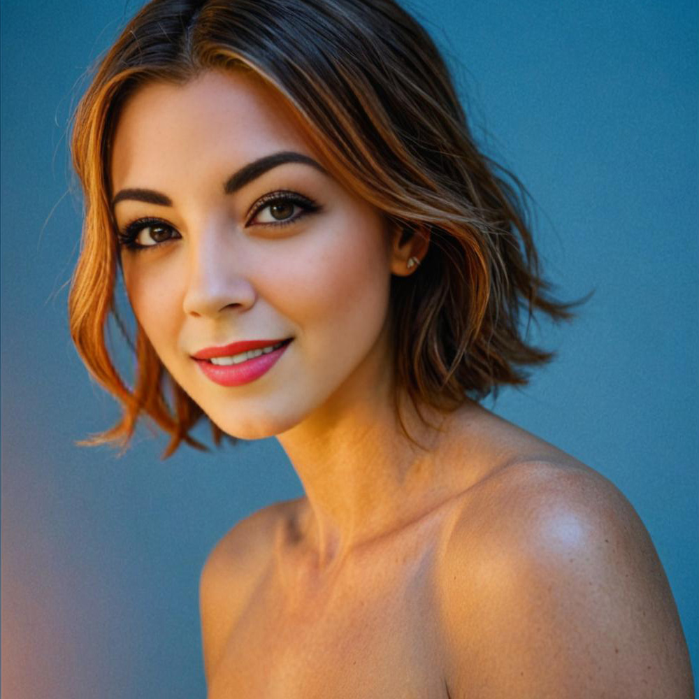 Woman in strapless top with short bob haircut