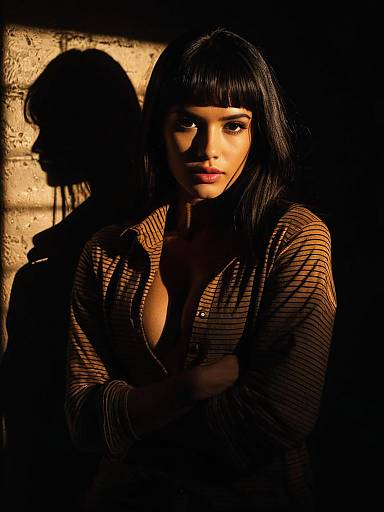 Woman in Casual Streetwear Black and White Striped T-shirt with Dramatic Shadow