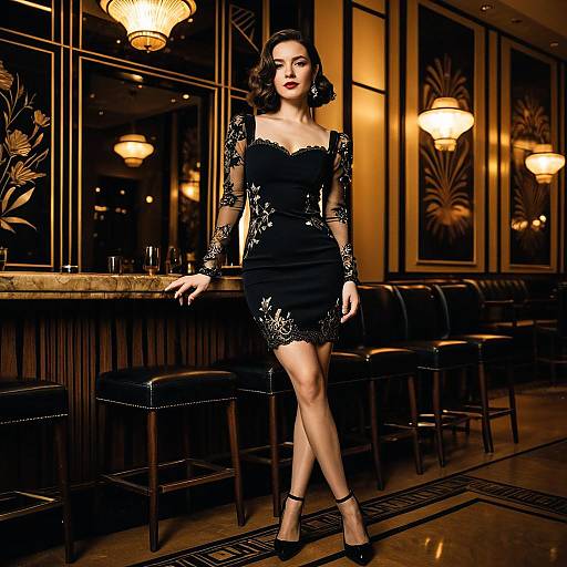 Elegant Woman in Black Lace Dress in Art Deco Interior