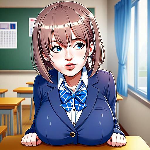 Anime Schoolgirl in Blue Uniform Sitting in Classroom Illustration