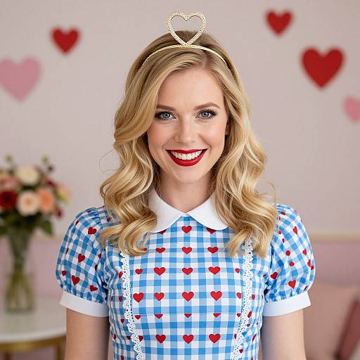 Happy Blonde Woman Wearing Heart Pattern Dress and Heart Headband
