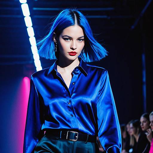 Fashion Model with Blue Hair in Royal Blue Satin Blouse on Runway