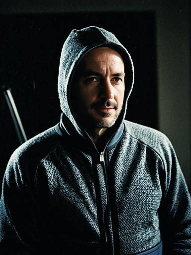 Man in Textured Hoodie Costume Cinematic Realism Sharp Portrait