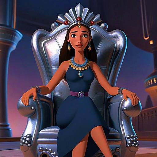 Animated Woman on Silver Throne Wearing Blue Dress and Jewelry