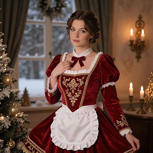 Victorian Style Woman in Burgundy Dress with Christmas Decorations