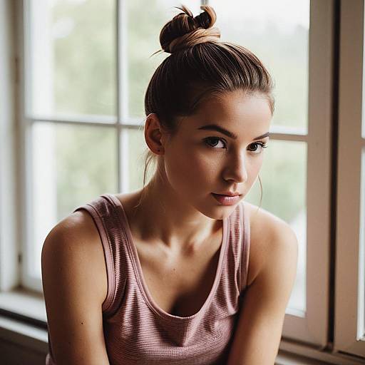 Young Woman with High Bun by Window in Soft Natural Light
