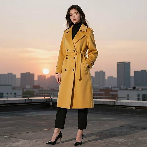 Stylish Woman in Mustard Yellow Trench Coat at Urban Sunset