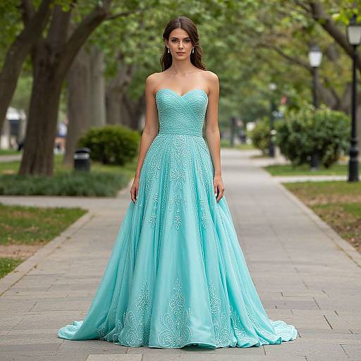 Elegant Aqua Blue Strapless Evening Gown on Woman in Park