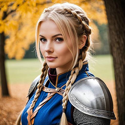 Medieval Warrior Woman in Blue Armor with Braided Hair Outdoors
