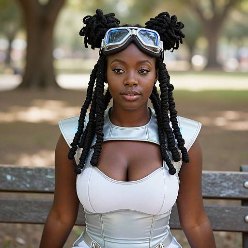 Woman in Futuristic Silver Outfit with Aviator Goggles Sitting on Park Bench