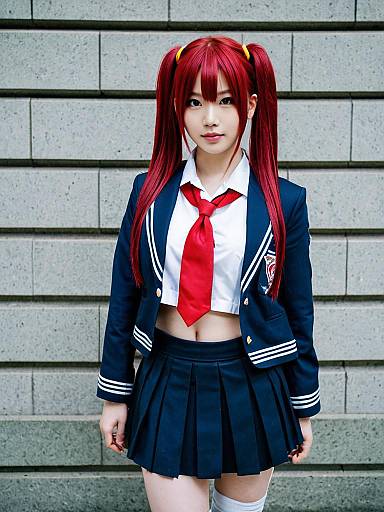 Young Woman in Stylish Japanese School Uniform with Red Hair Twin Tails