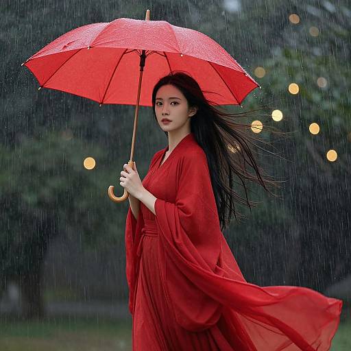 Woman in Red Robe Holding Red Umbrella in Rainy Outdoor Setting
