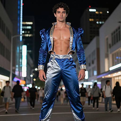 Man in Blue Satin Theatrical Costume Posing on Night City Street