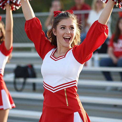 Cheerful Female Cheerleader in Red and White Uniform at Sports Event