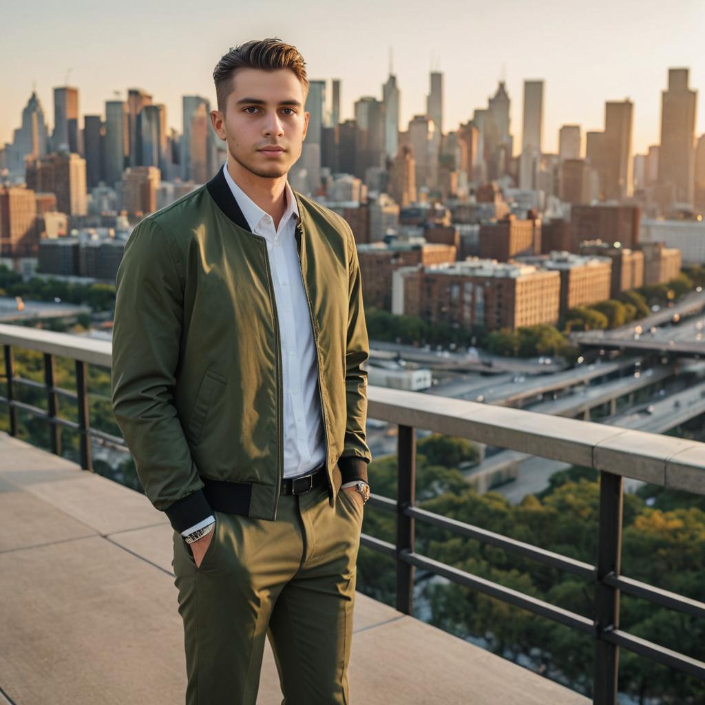 Confident Man in Stylish Outfit Against City Skyline at Sunset