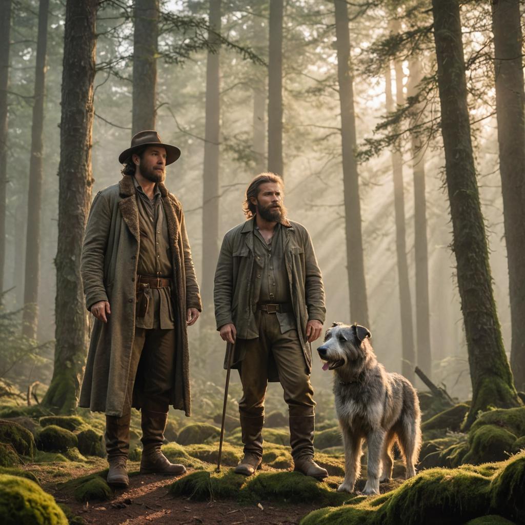 Men with Irish Wolfhound in Forest