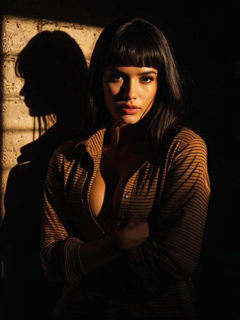 Woman in Casual Streetwear Black and White Striped T-shirt with Dramatic Shadow