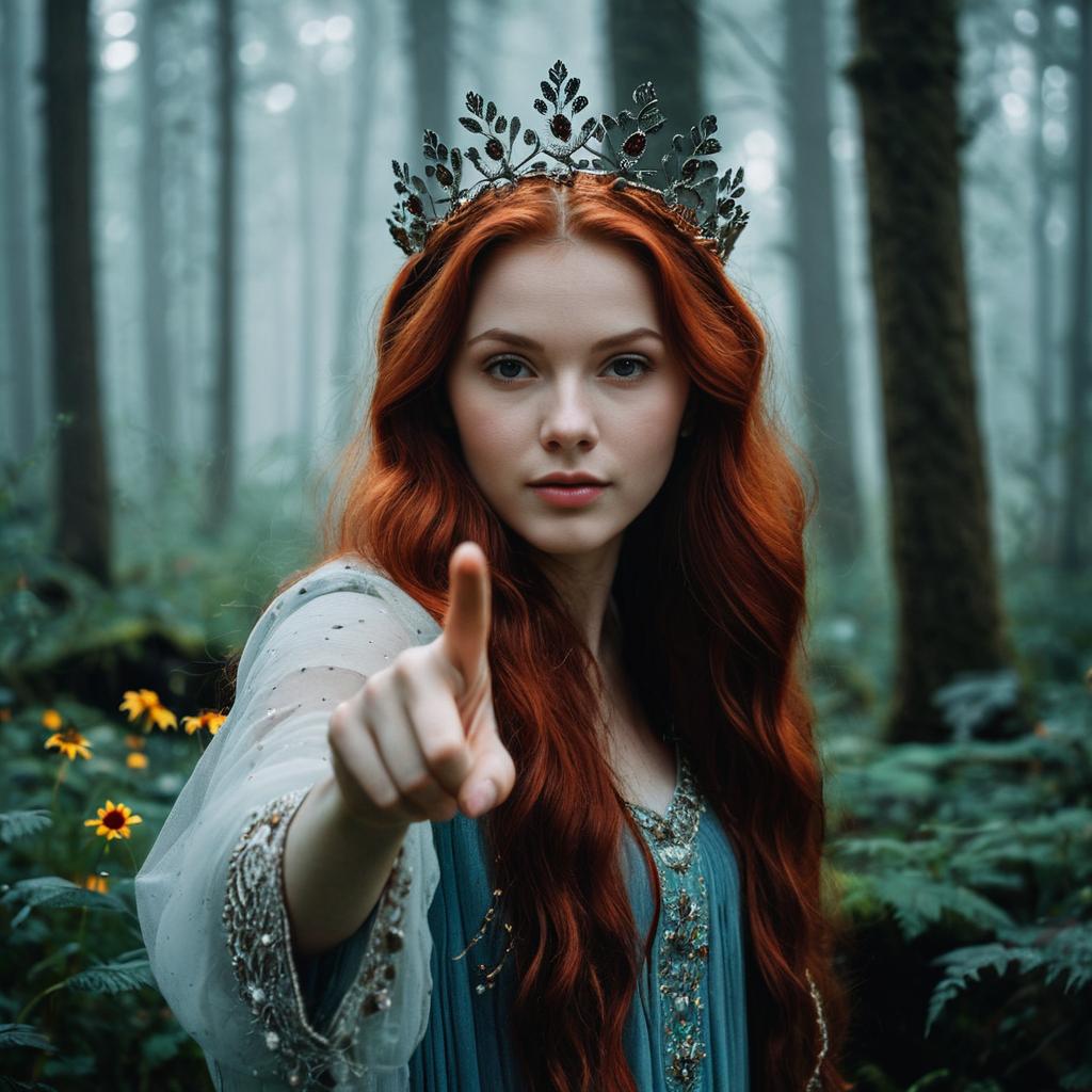 Mystical Red-Haired Woman in Medieval Crown and Gown in Enchanted Forest