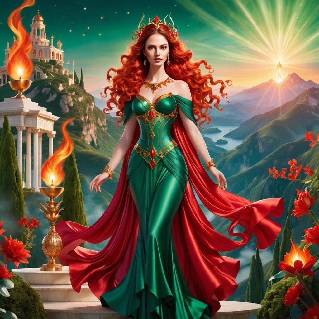 Regal Woman in Green and Gold Gown with Red Cape Regal Woman in Green and Gold Gown with Red Cape