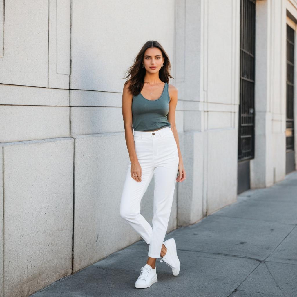 Stylish Woman in Dark Green Tank Top and White Pants on City Sidewalk