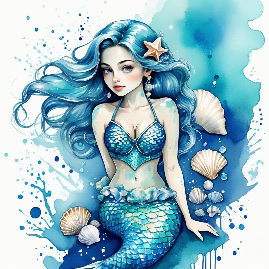 Fantasy Mermaid Digital Illustration with Blue Hair and Seashells