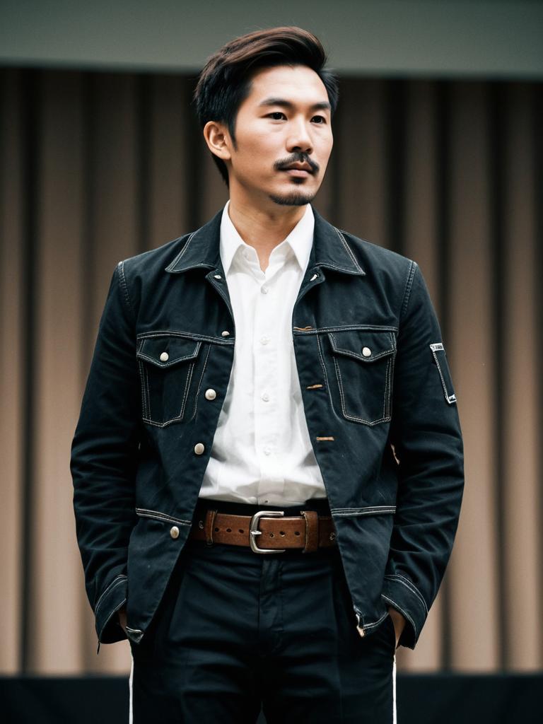 Stylish Man in Black Denim Jacket and White Shirt Stage Costume