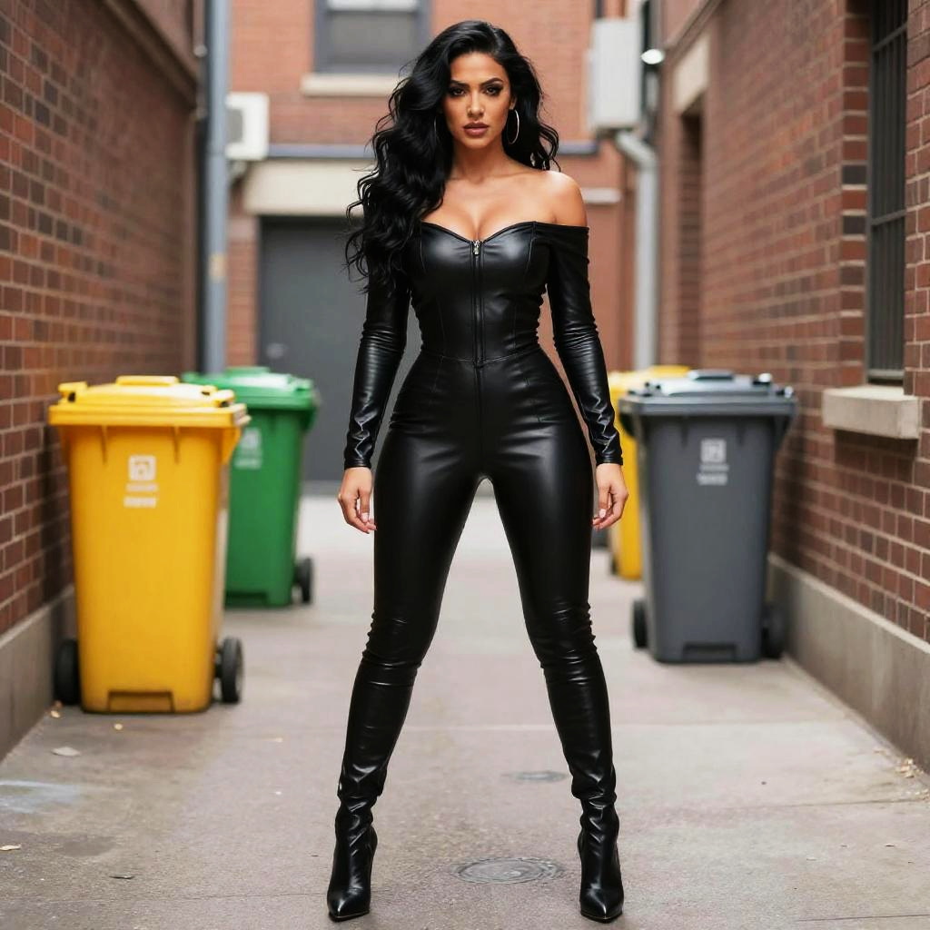 Confident Woman in Black Leather Jumpsuit in Urban Alleyway