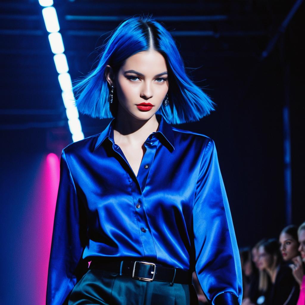 Fashion Model with Blue Hair in Royal Blue Satin Blouse on Runway