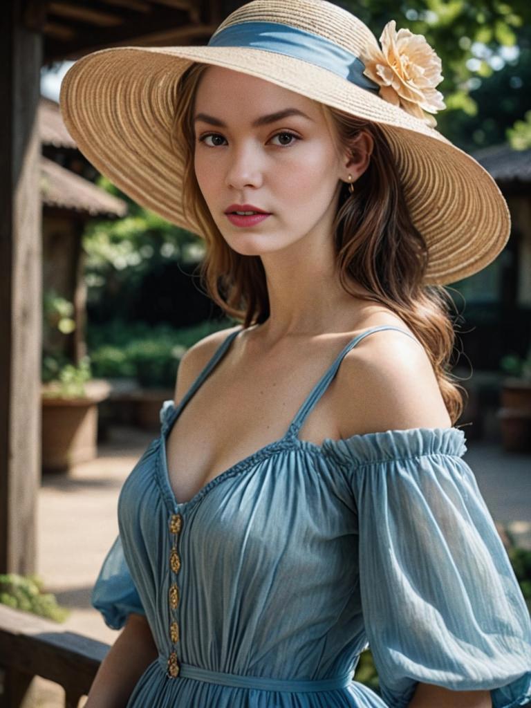 Elegant Woman in Blue Dress with Straw Hat