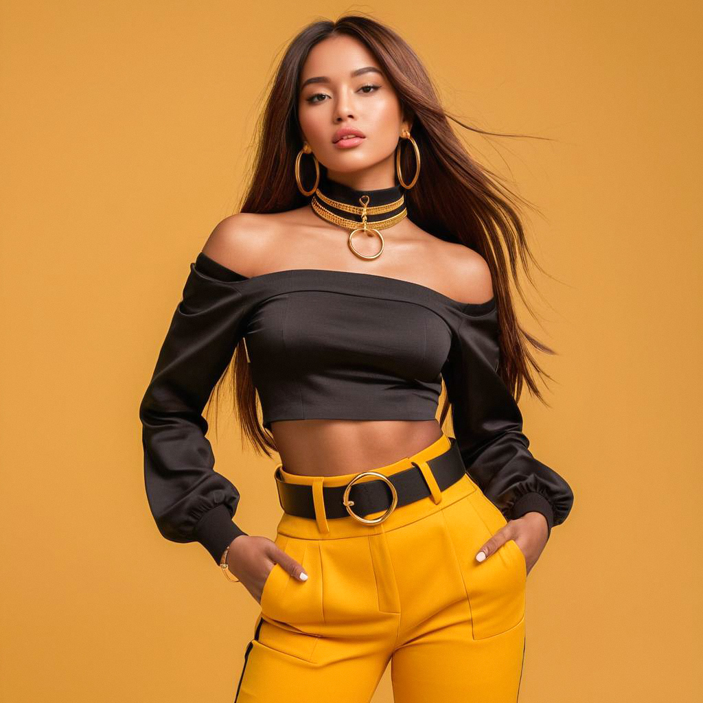 Confident Woman in Stylish Black Crop Top and Yellow Pants