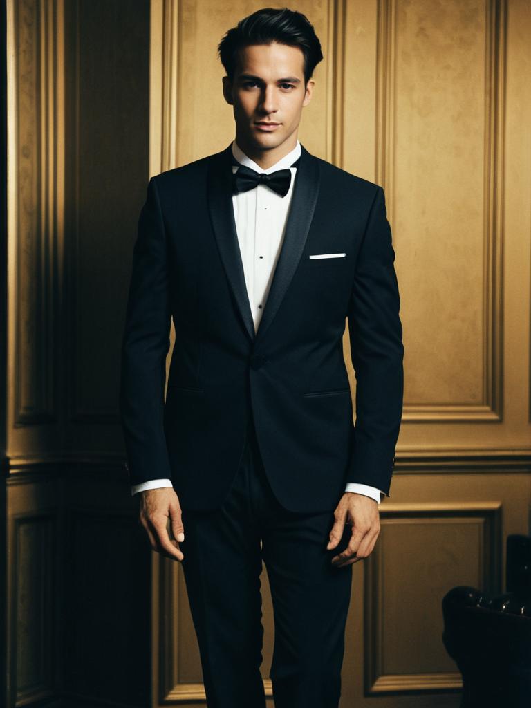 Man in Elegant Black Wedding Tuxedo with Bow Tie Full Body Portrait