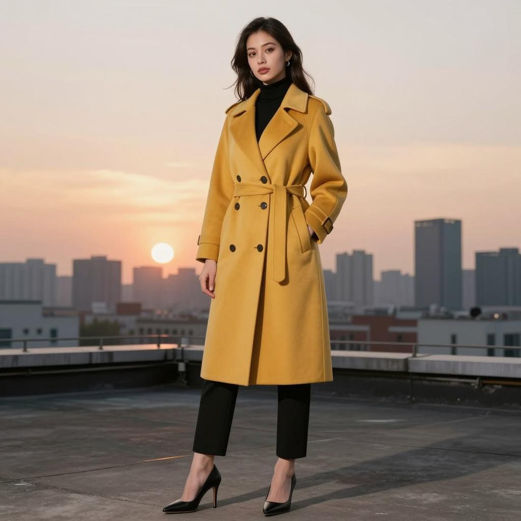 Stylish Woman in Mustard Yellow Trench Coat at Urban Sunset