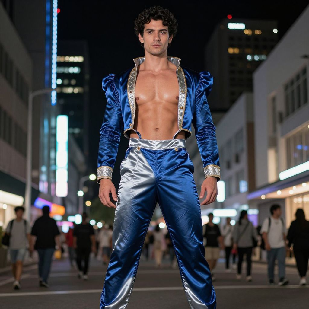 Man in Blue Satin Theatrical Costume Posing on Night City Street