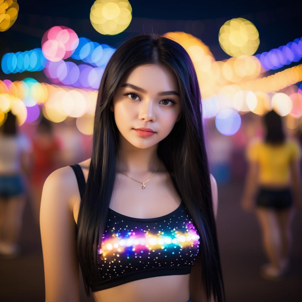 Confident Young Woman with Black Hair in Festive Bokeh Lights