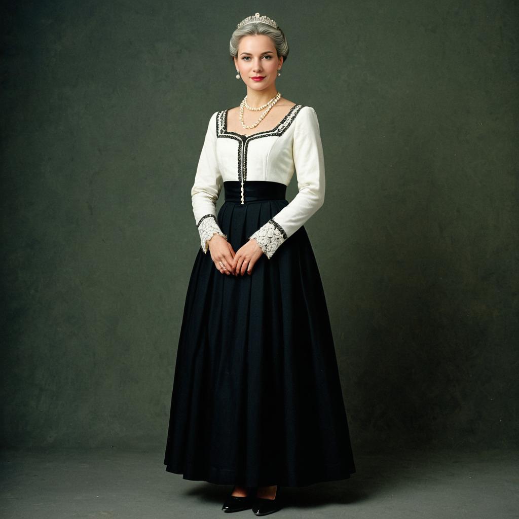 Vintage Style Woman in Elegant Black and White Gown with Pearls and Tiara