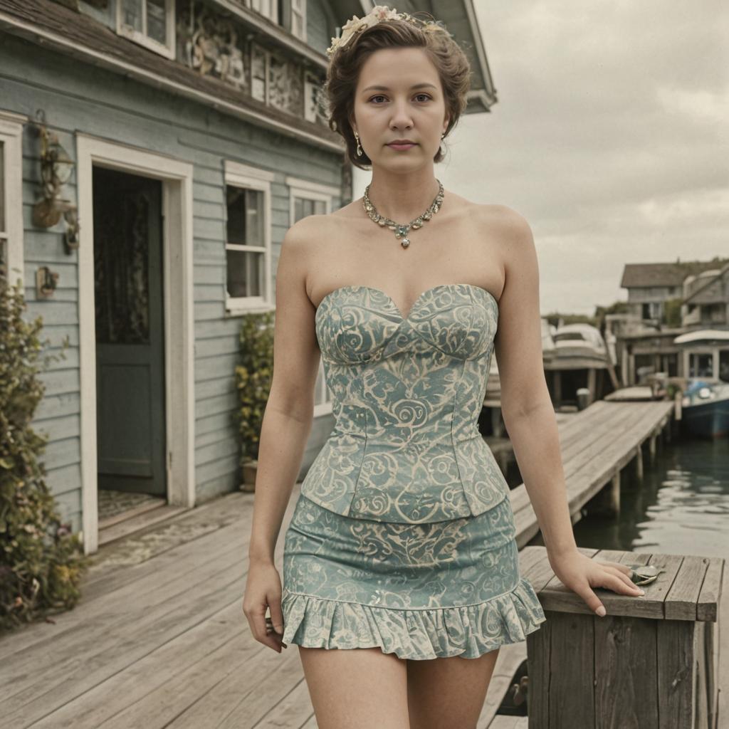 Elegant Woman in Vintage Outfit on Wooden Pier