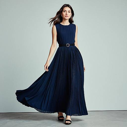 Elegant Navy Blue Pleated Maxi Dress for Women with Sleeveless Design