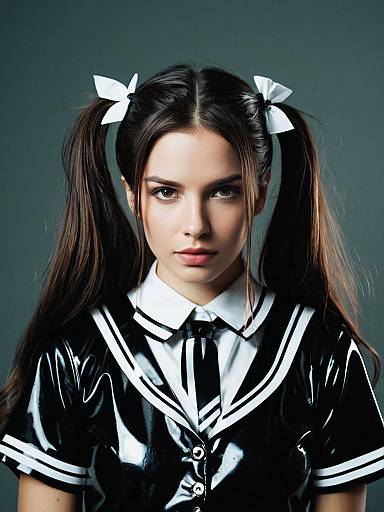 Photorealistic Studio Portrait of Woman in Black Latex Schoolgirl Costume