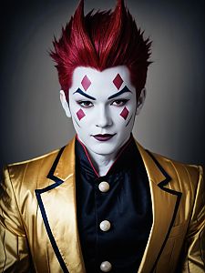 Man Cosplaying as Hisoka Morow with Red Hair and Gold Jacket