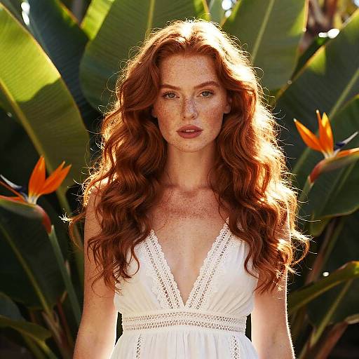 Red Haired Woman in White Dress with Bird of Paradise Flowers Gen Z Style